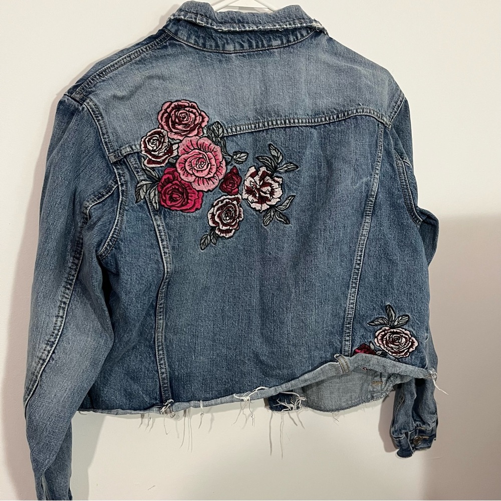 GARAGE Blue Boyfriend Denim Jacket with rose embroidery on back